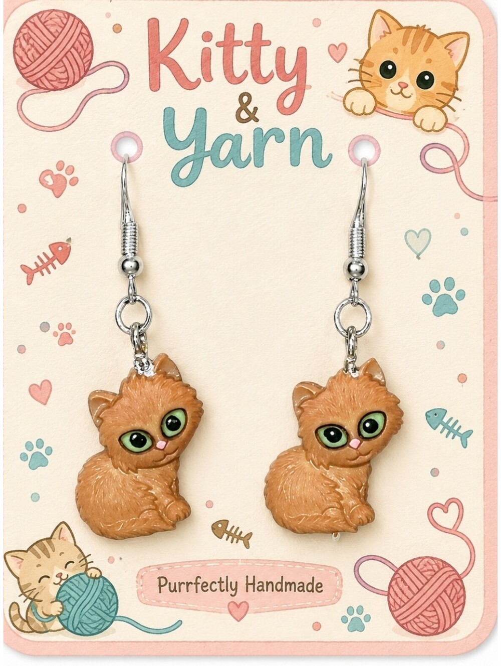 "Paws-itively" Adorable Brown Kitten Cat Hypoallergenic Dangle Earrings